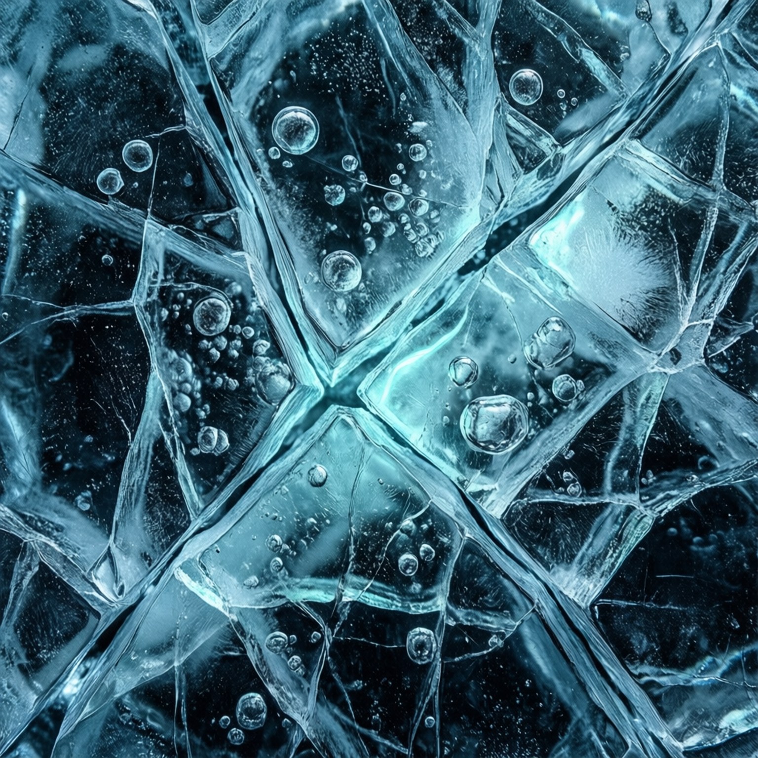 Fractured blue ice with trapped air bubbles glowing under cool light.
