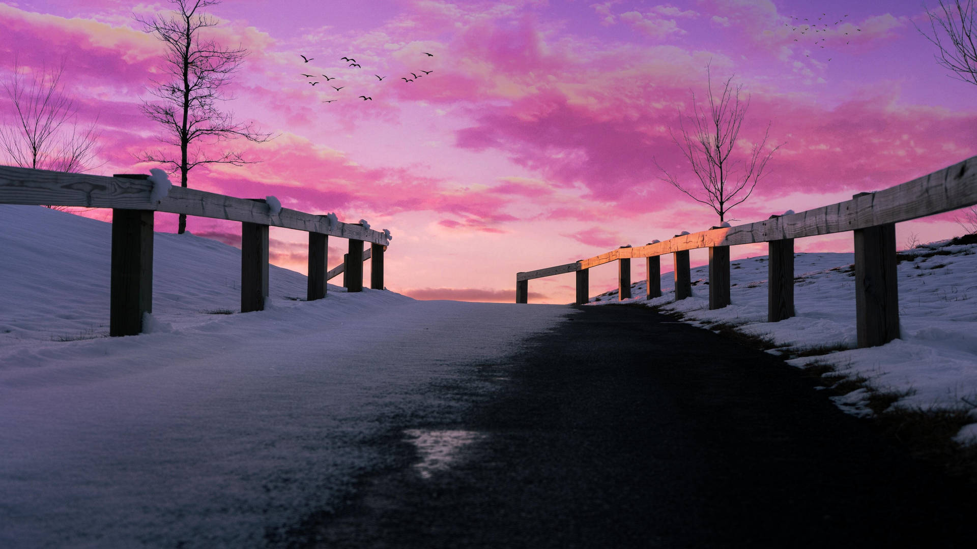 Icy Pavement With Pink Sky Aesthetic Mac Wallpaper