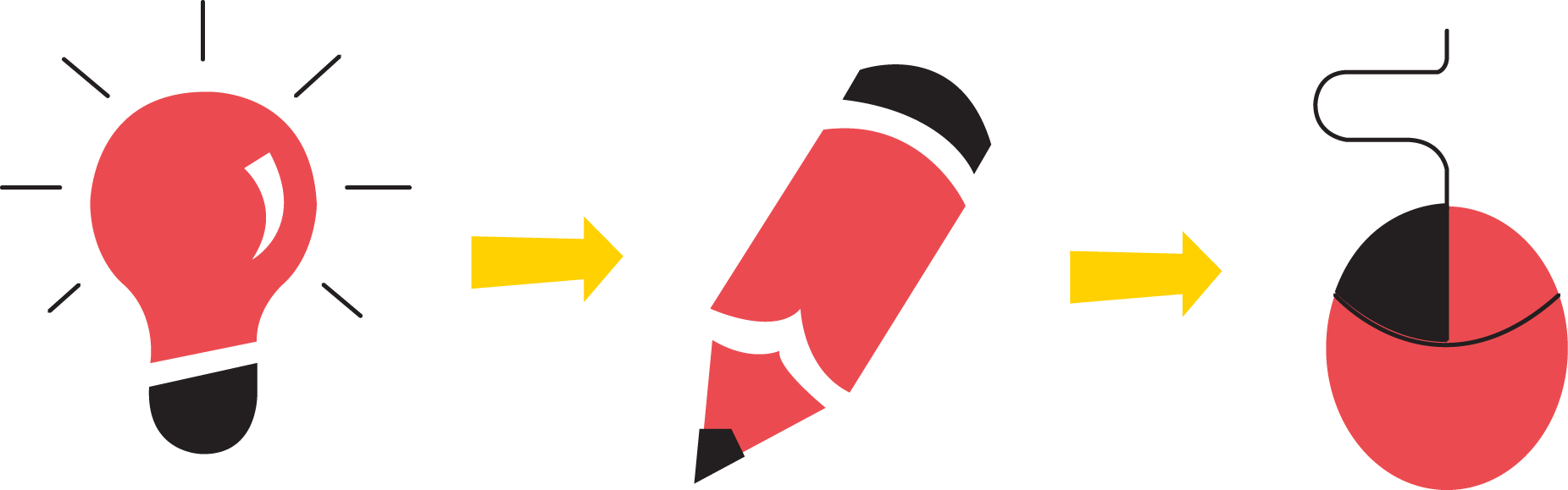 Idea Development Execution Graphic PNG — A red lightbulb transforms into a red pencil then into a red half-circle against a black background.