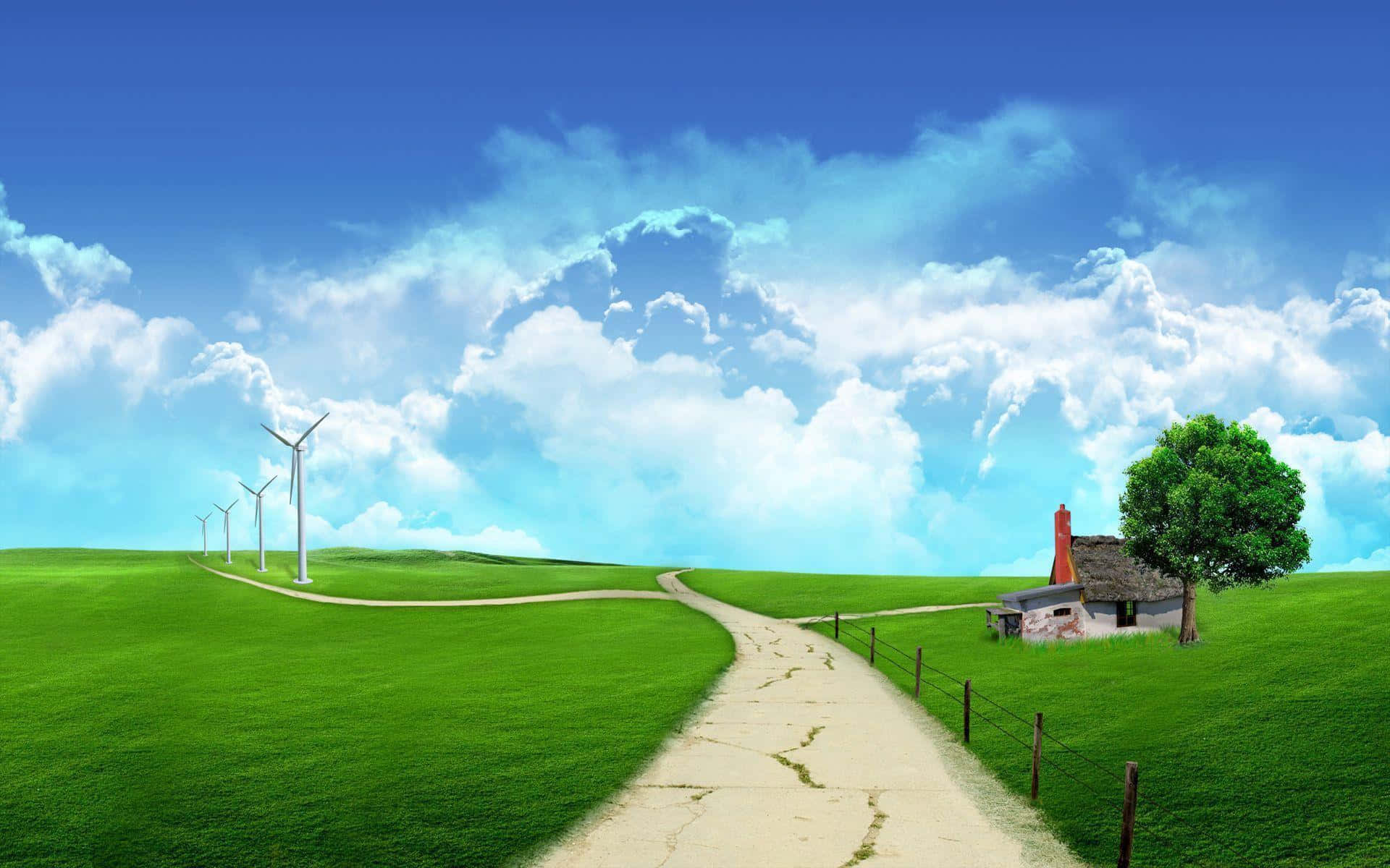 Idyllic Green Landscapewith Windmills Wallpaper