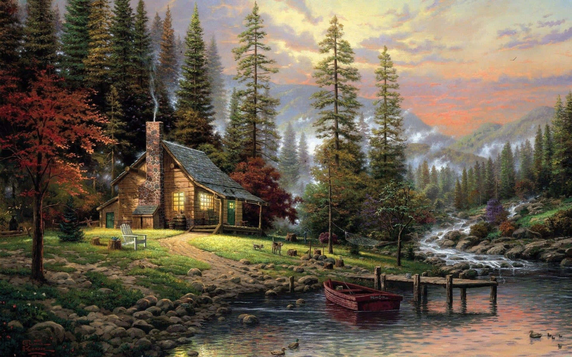 Download Idyllic Log Cabin Sunset Landscape Wallpaper | Wallpapers.com