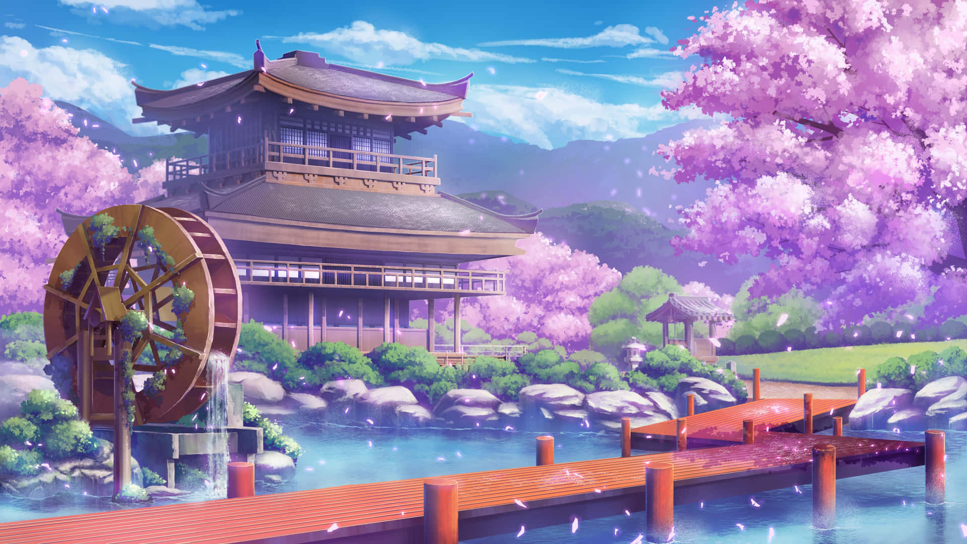 Idyllic Sakura Blossom Cottage Scene Wallpaper