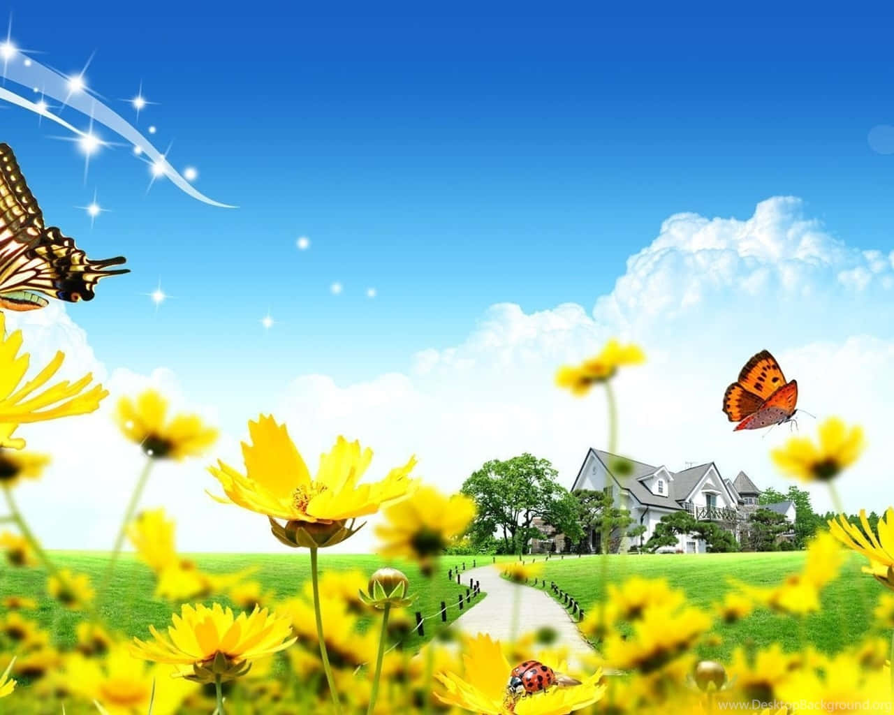Idyllic Springtime Butterfliesand Flowers Wallpaper