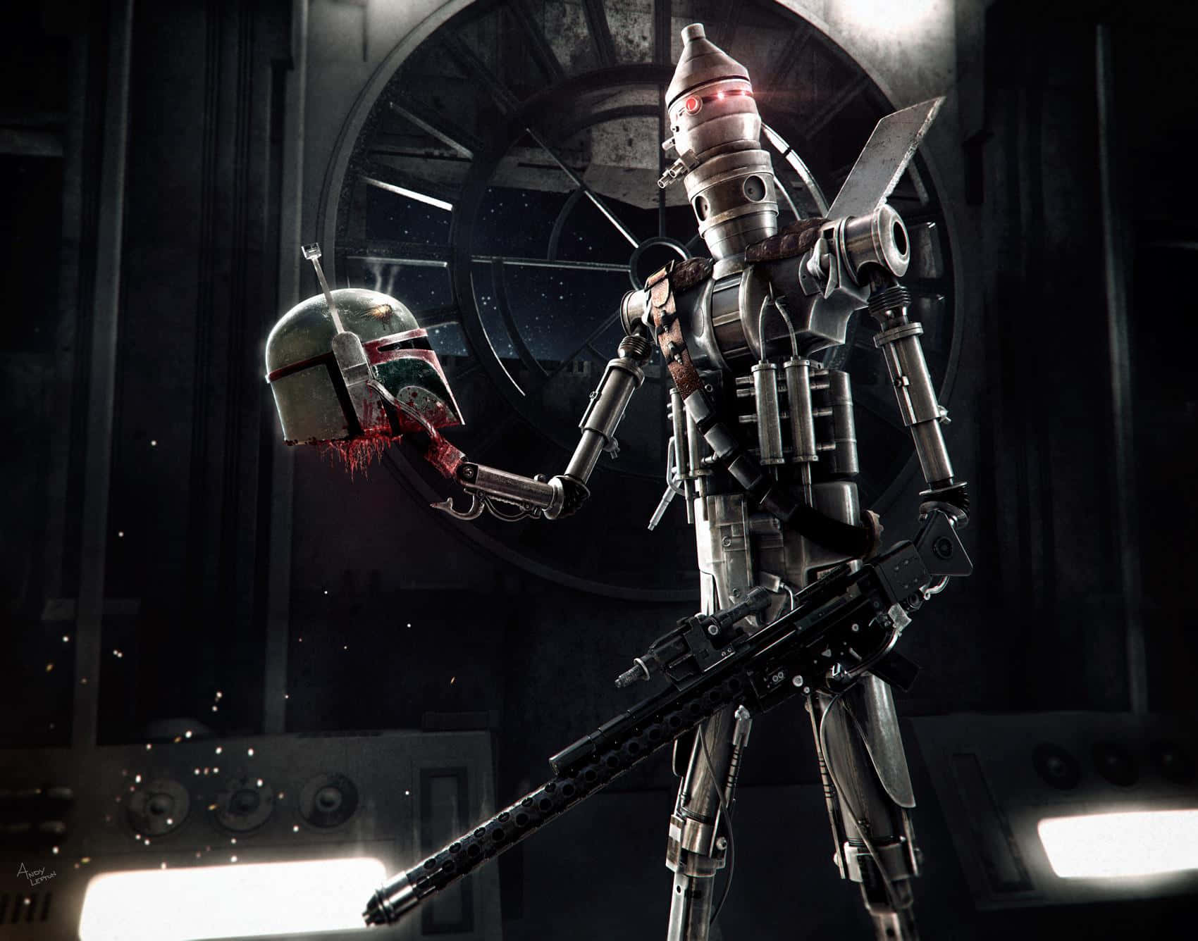 A menacing view of the fearsome bounty hunter IG-88 Wallpaper