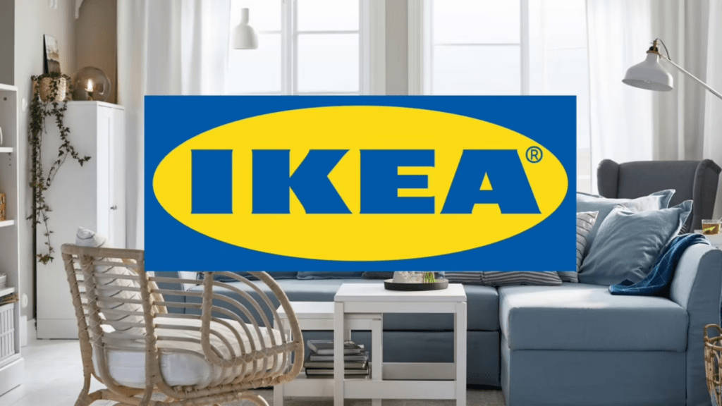 Ikea Logo Against Living Room Backdrop Wallpaper