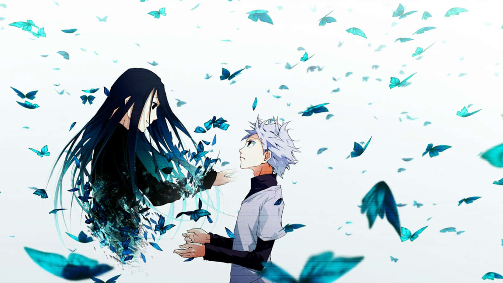 A Couple Of Anime Characters With Butterflies Flying Around Them Wallpaper