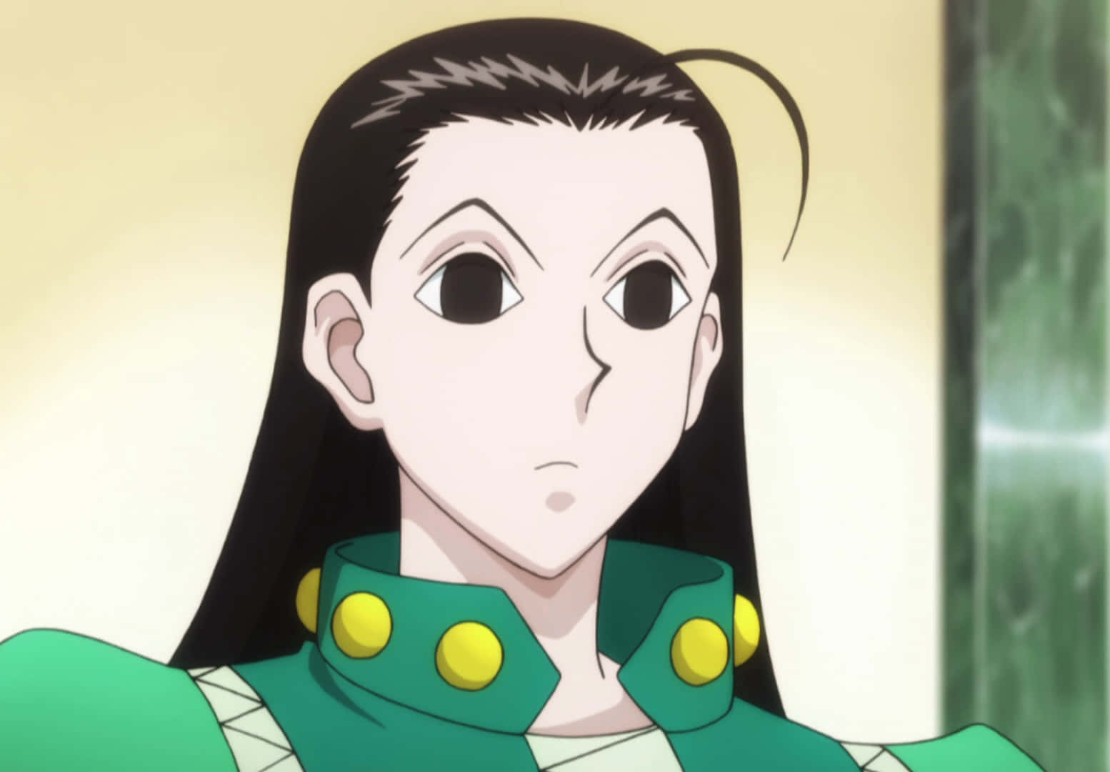 En grøn anime karakter med langt hår Wallpaper