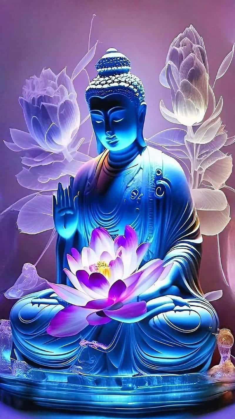 Illuminated Blue Buddhawith Lotus Wallpaper