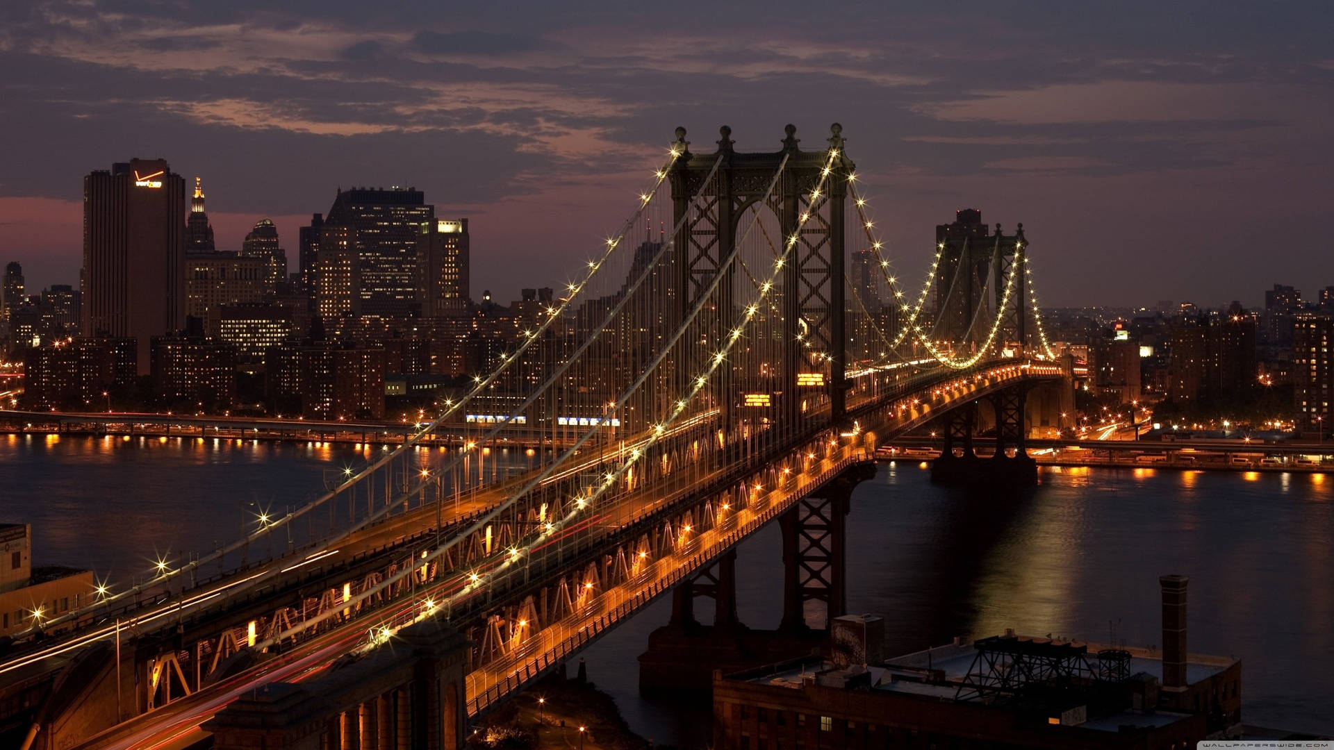 Illuminated Manhattan Bridge New York Computer Wallpaper