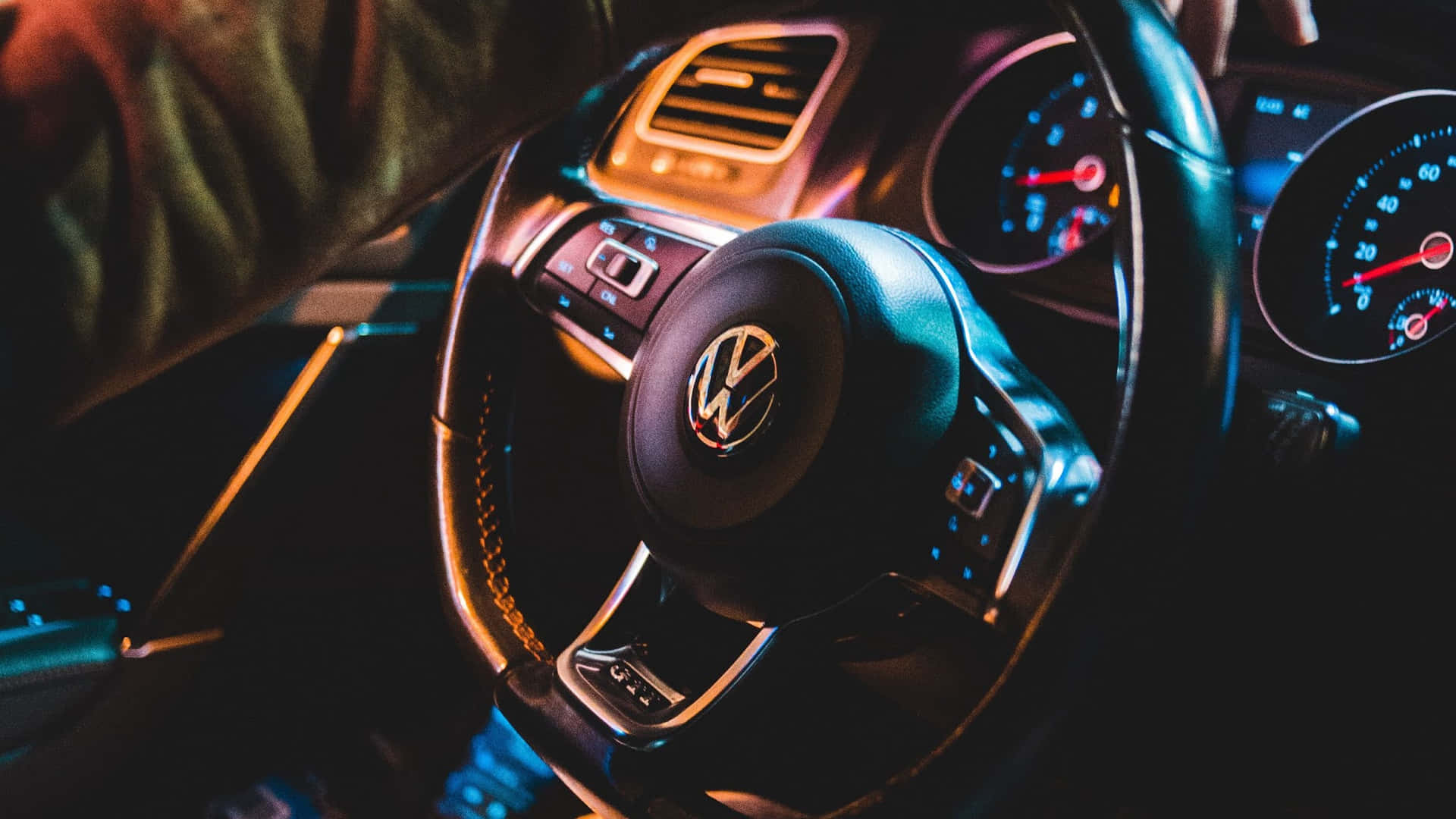 Illuminated Volkswagen Steering Wheel Night Wallpaper