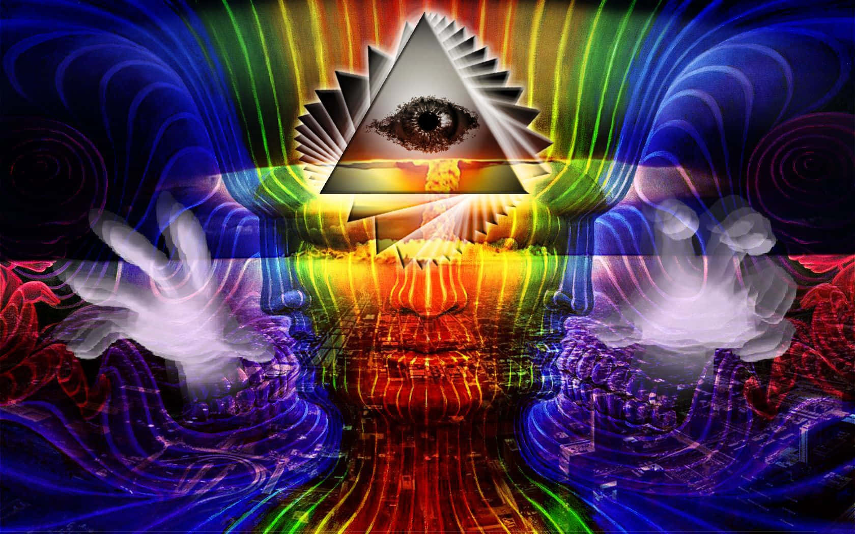 Einpsychedelisches Bild Eines Mannes Mit Einem Dreieck In Seiner Hand