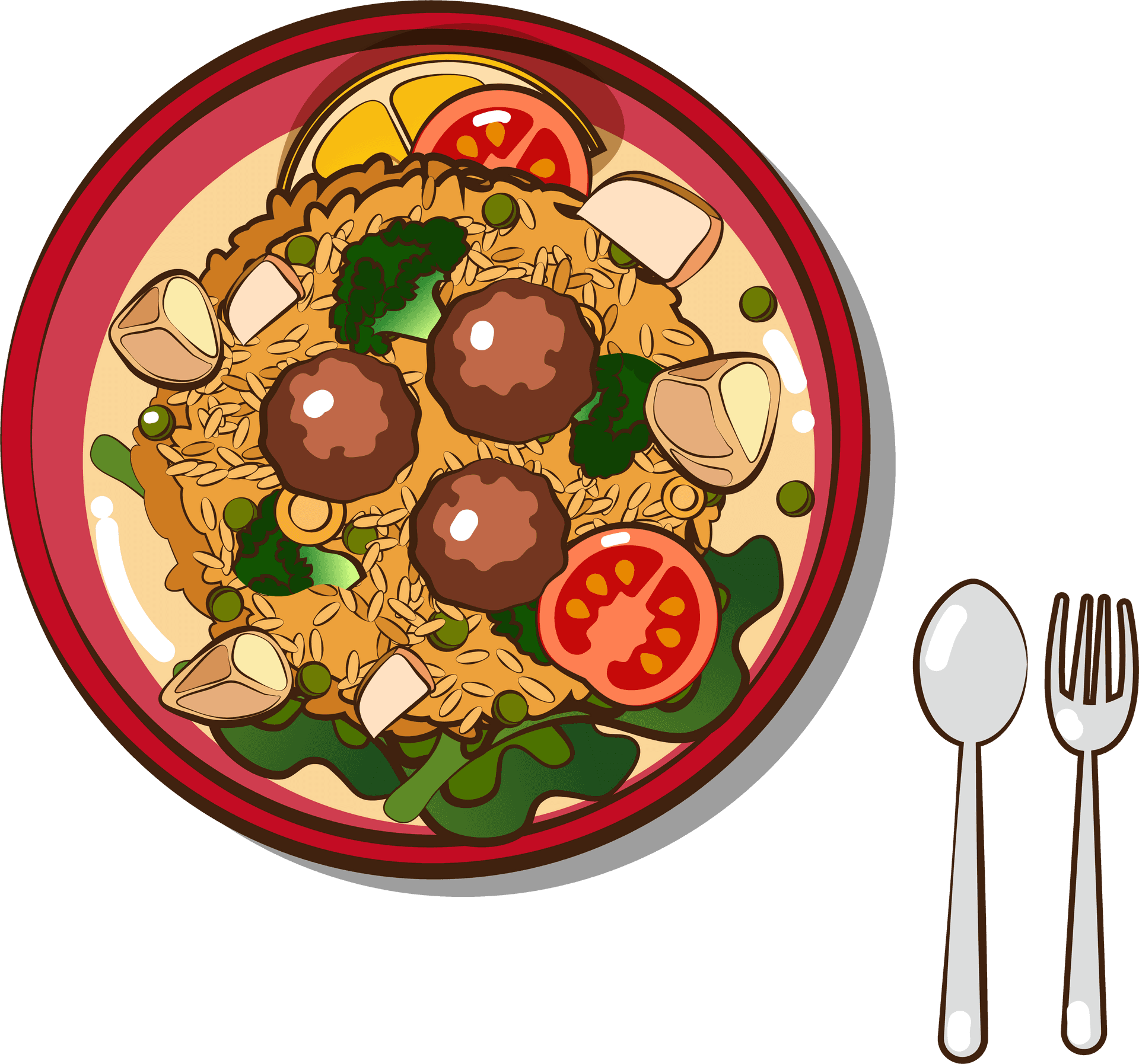 Illustrated Fried Ricewith Meatballsand Vegetables PNG