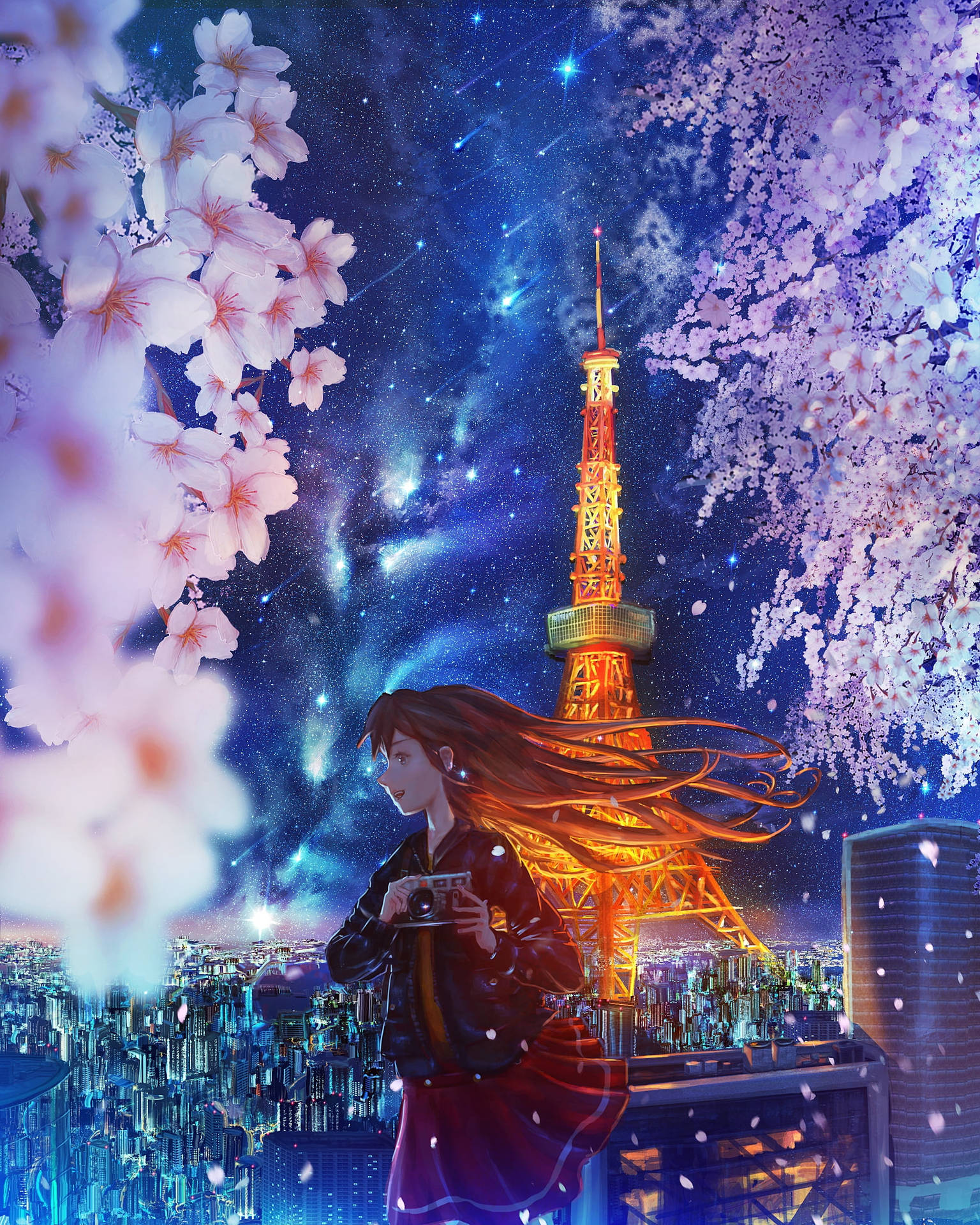 Illustrated Tokyo Japan Girl With Tower Wallpaper