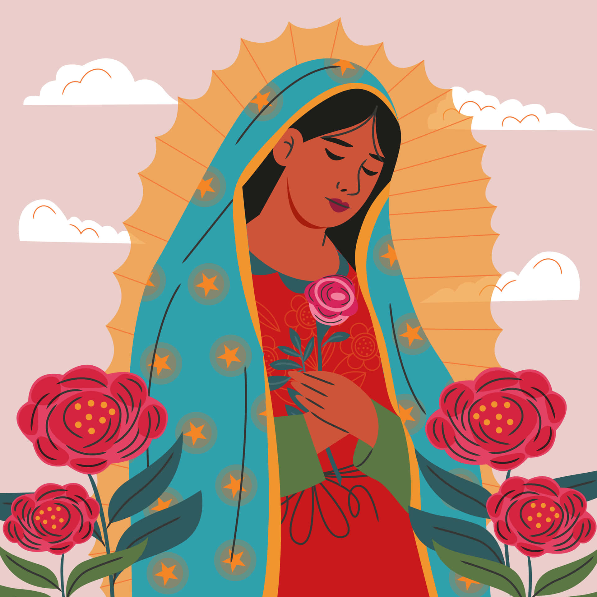 Illustrated Virginof Guadalupewith Roses Wallpaper