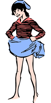 Illustrated Womanin Striped Shirtand Blue Skirt PNG