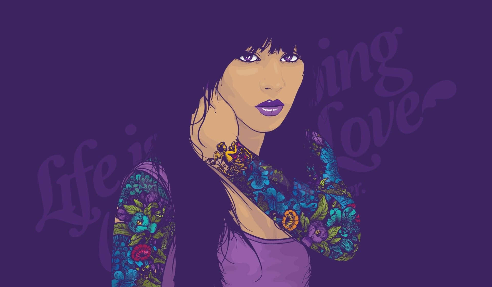 A Girl With Tattoos And Purple Background