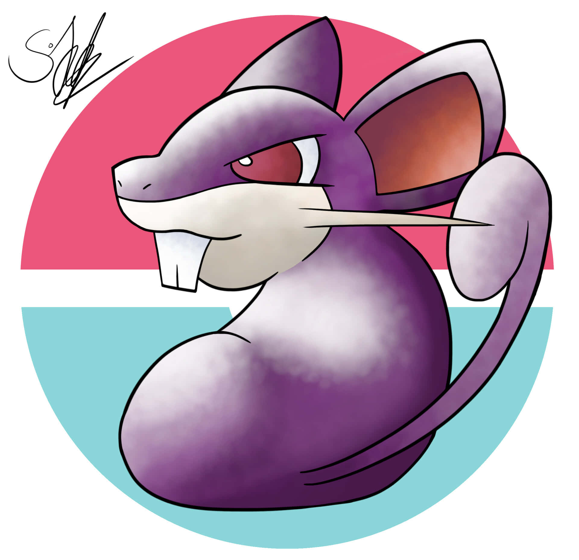 Illustration Of Rattata On Circle Background Of Pink And Aqua Blue Wallpaper