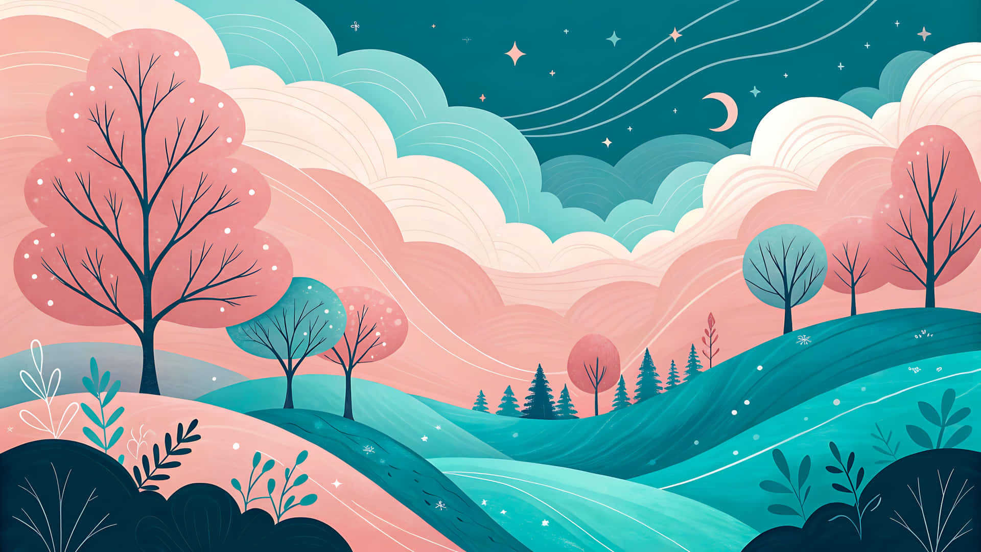 Illustration Of Trees And Hills Under A Starry Night Sky With Moon Wallpaper