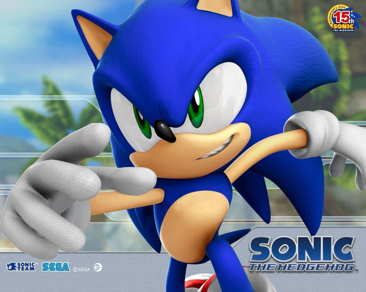 Sonic The Hedgehog: Faster than Ever! Picture — Sonic the Hedgehog in a dynamic pose with green eyes and blue quills against a blurred tropical background.