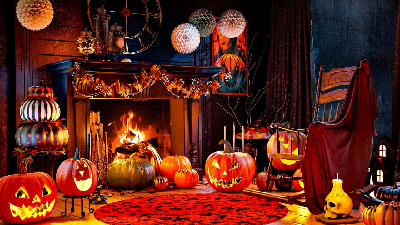 Immaginidi Halloween Con Zucche Intagliate, Fuoco Nel Caminetto