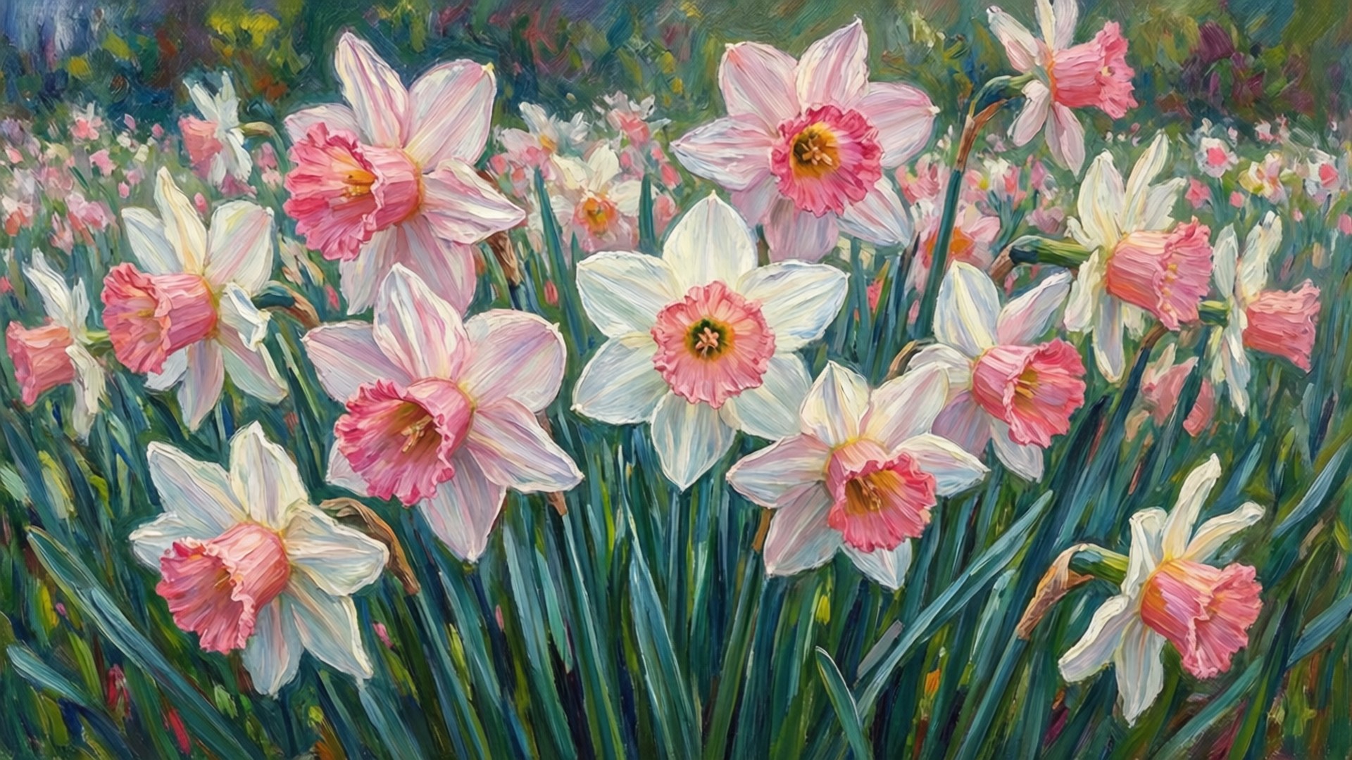 Impressionist Field Wallpaper — A vibrant oil painting of pink and white daffodils blooming in a lush green field under bright sunlight.