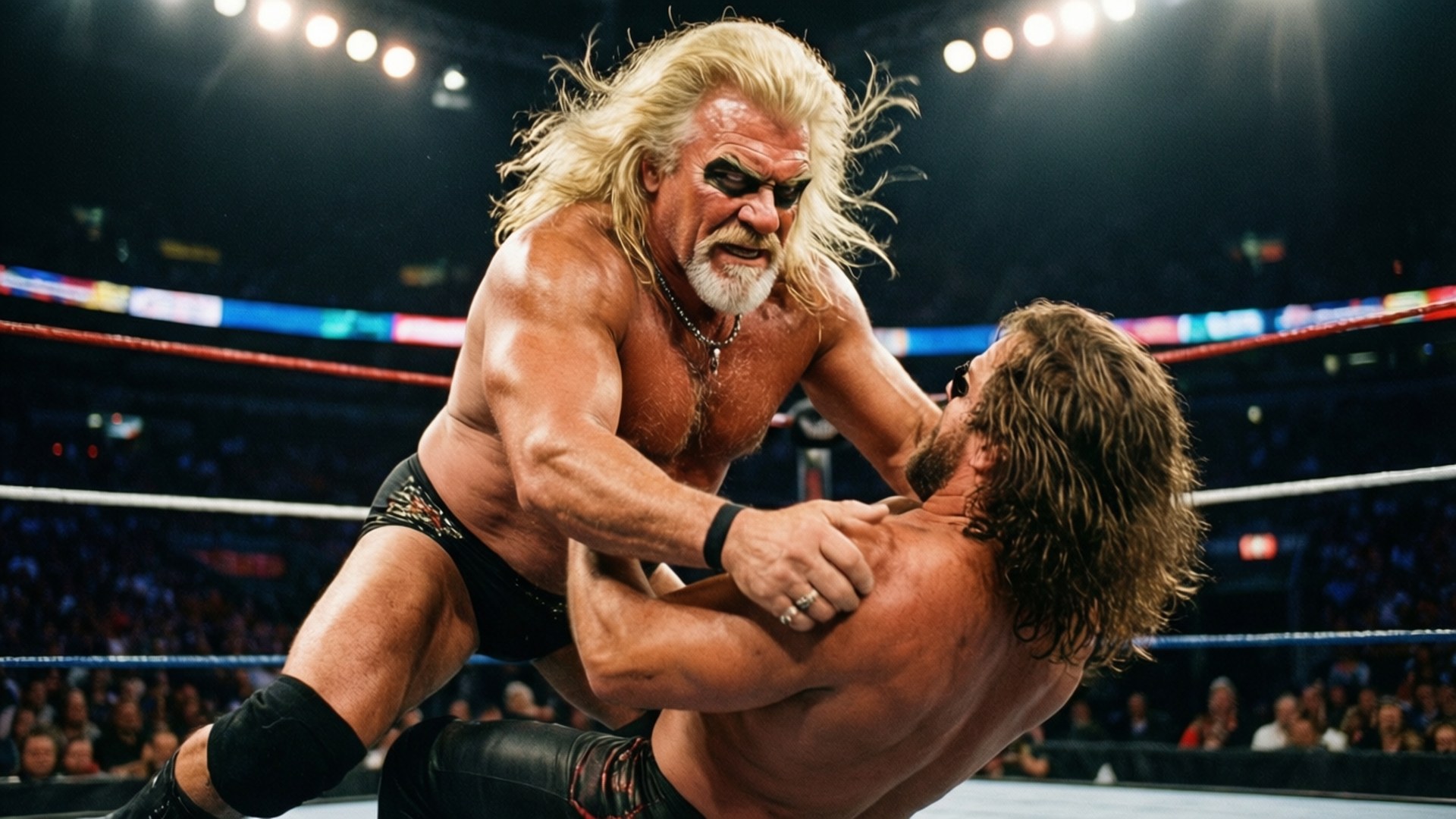 Wrestlers locked in combat inside a brightly lit arena ring.