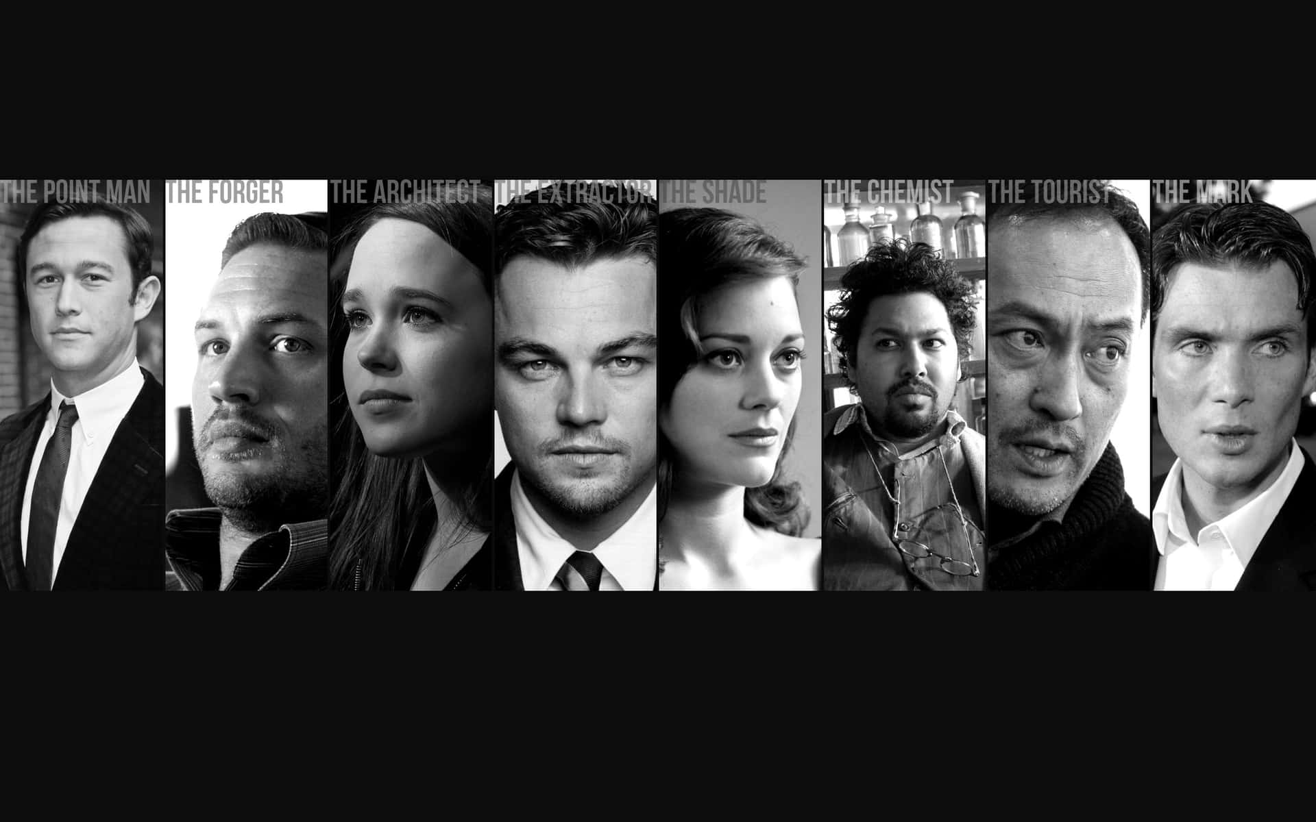 Inception Character Roles Blackand White Wallpaper