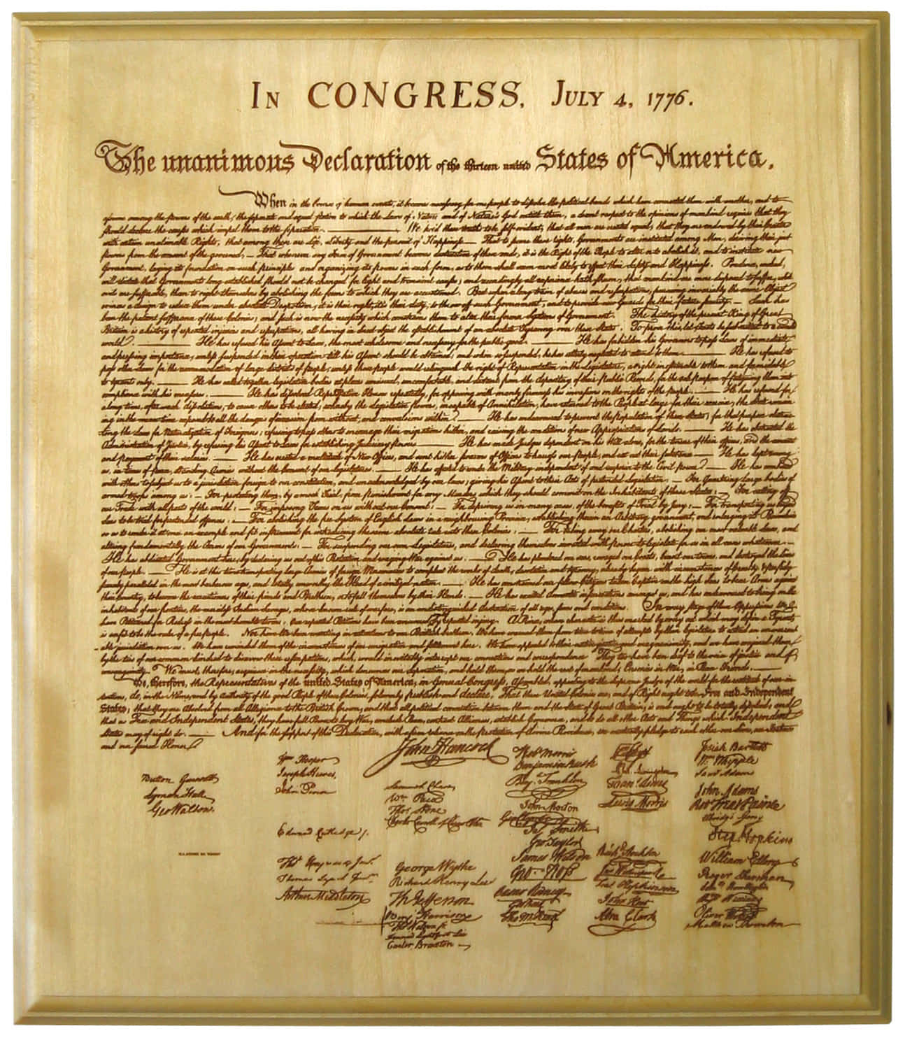 The Declaration Of Independence Is Displayed On A Wooden Frame