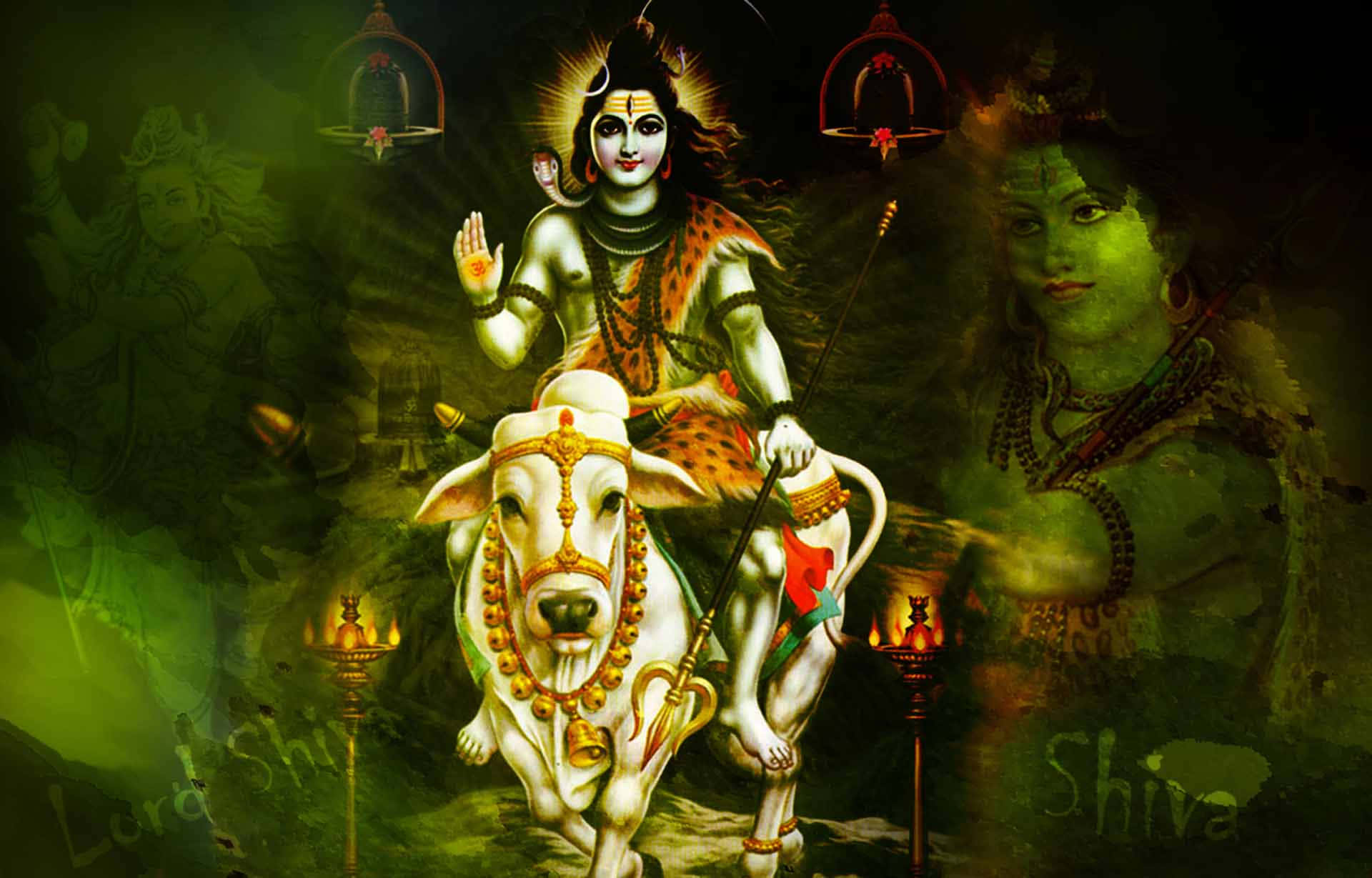 Lord Shiva On A Cow With A Green Background
