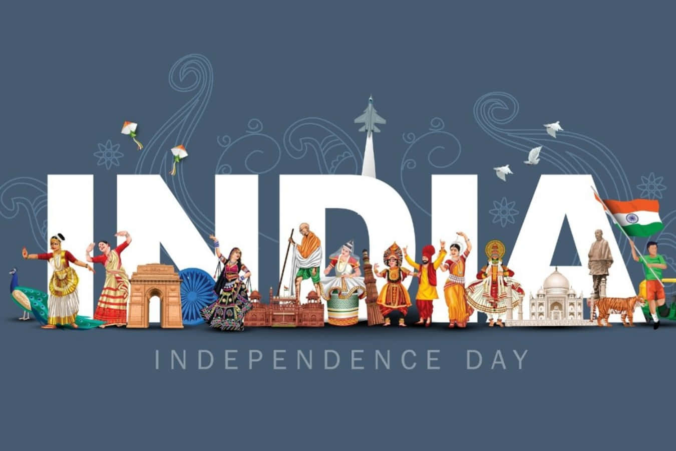 Indienssjälvständighetsdags Karaktärer Och Byggnader I En Tecknad Bild.