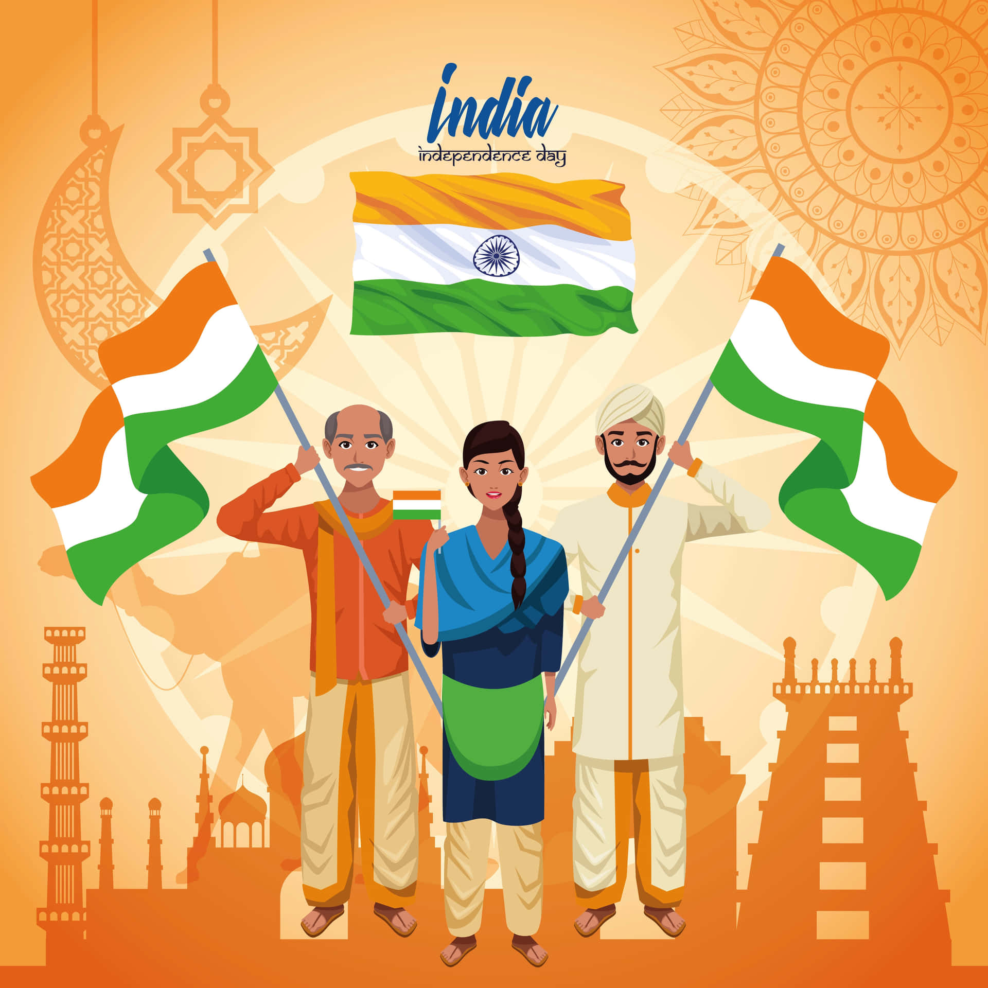 Imagende Personas Dibujadas Ondeando La Bandera De La India En El Día De La Independencia De India.