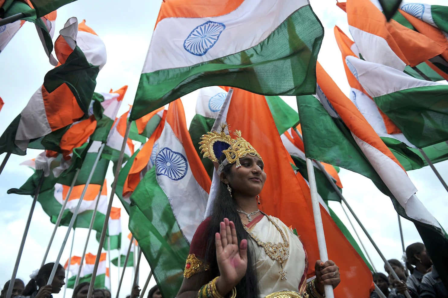 India Independence Day Woman Surrounded By Flags Picture