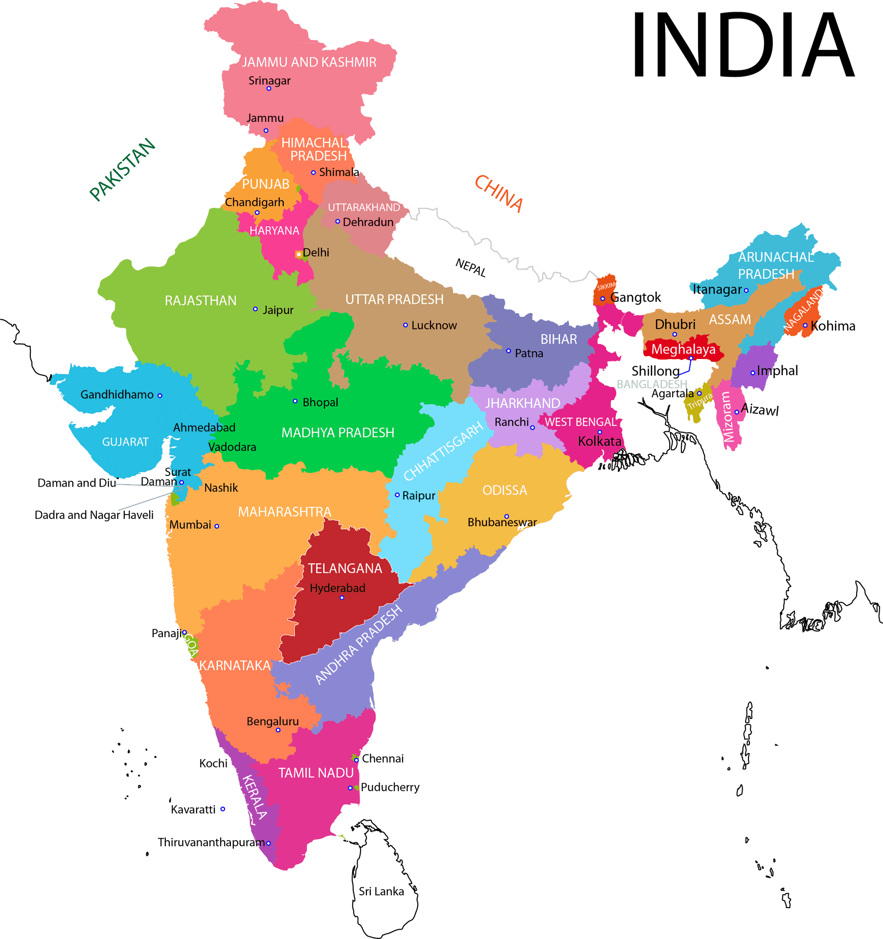 India Political Map Colorful PNG