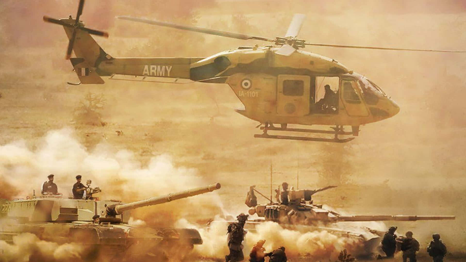 A Helicopter Is Flying Over A Group Of Soldiers And Tanks