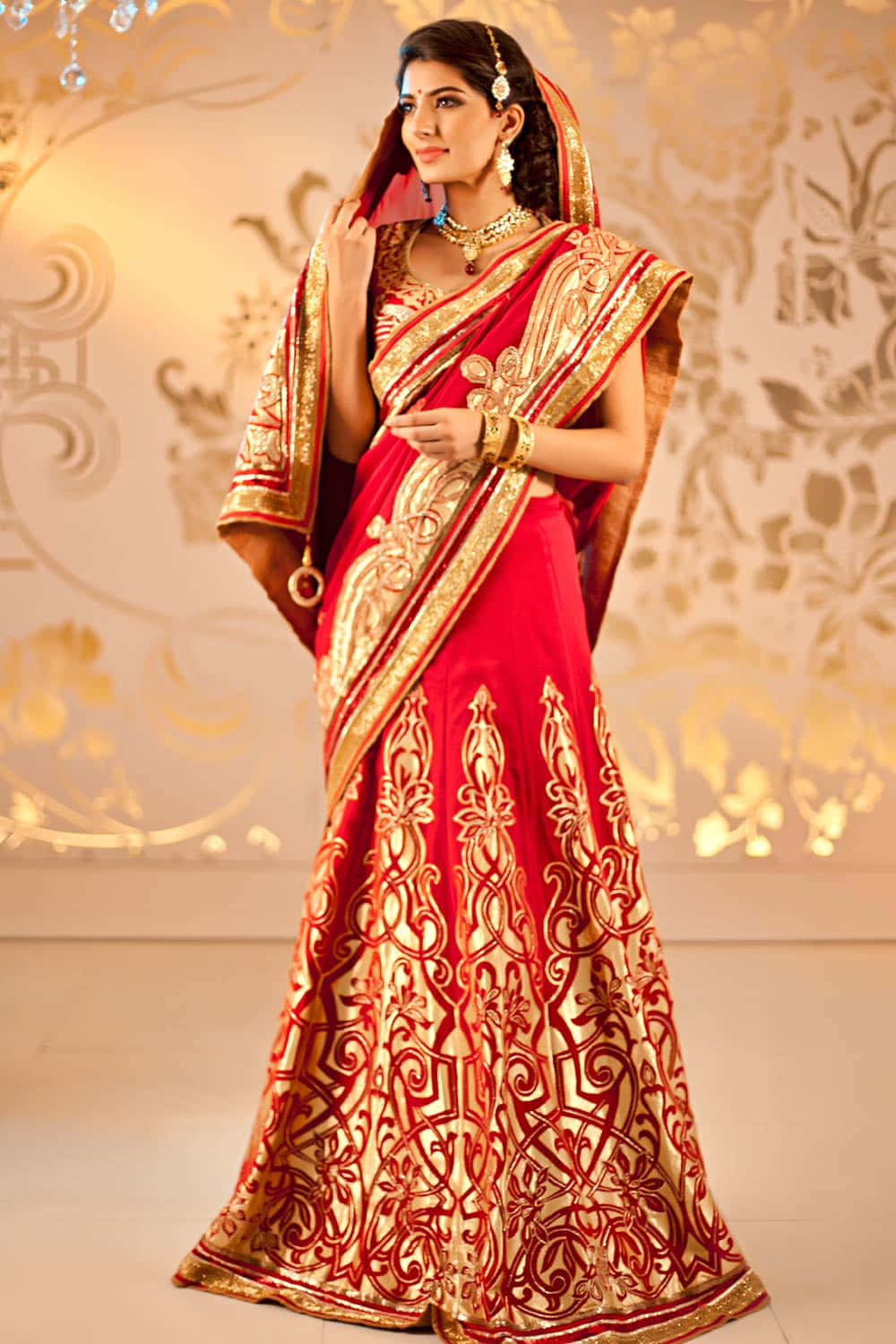 Indischesbrautkleid Mit Roter Und Goldener Stickerei Bild