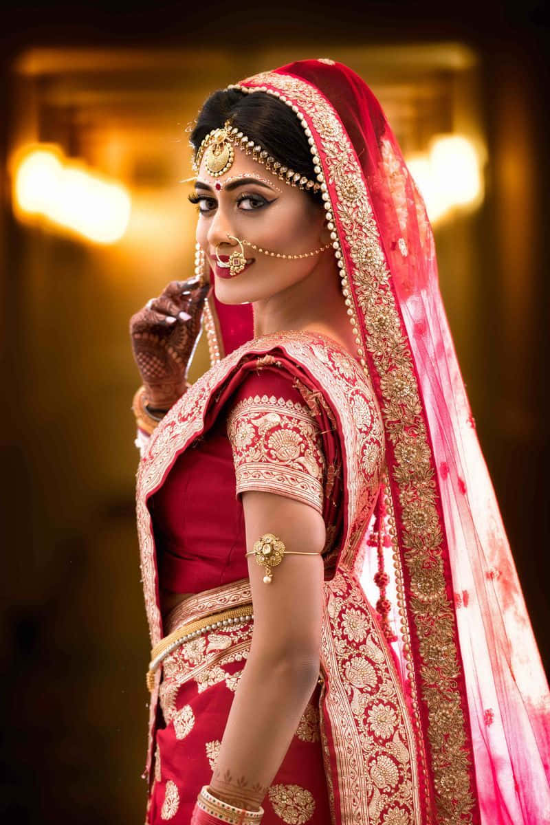 Imagende Una Novia India Con Un Vestido De Color Granate.