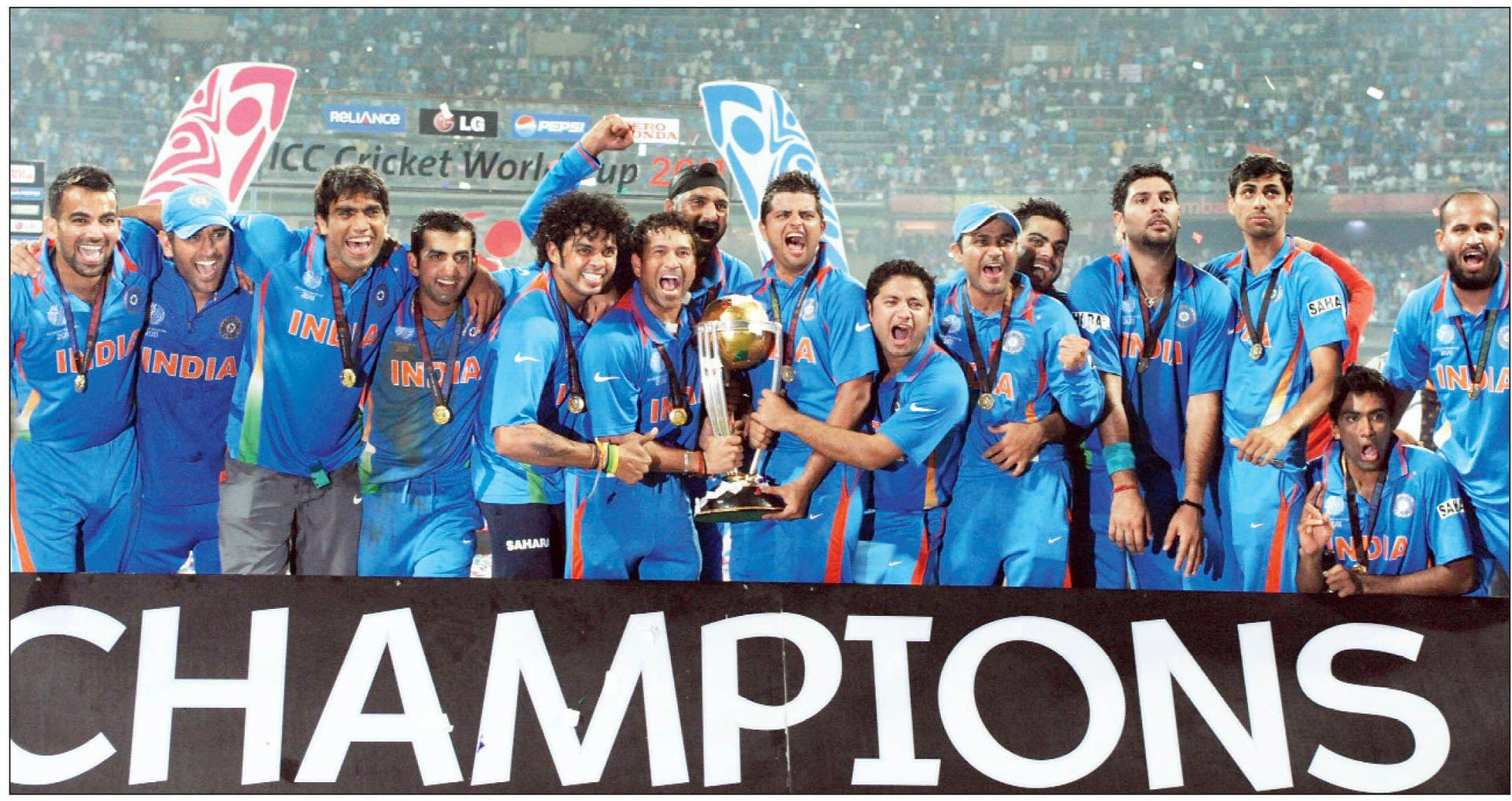 Indian Cricket Team With Champions Banner Wallpaper