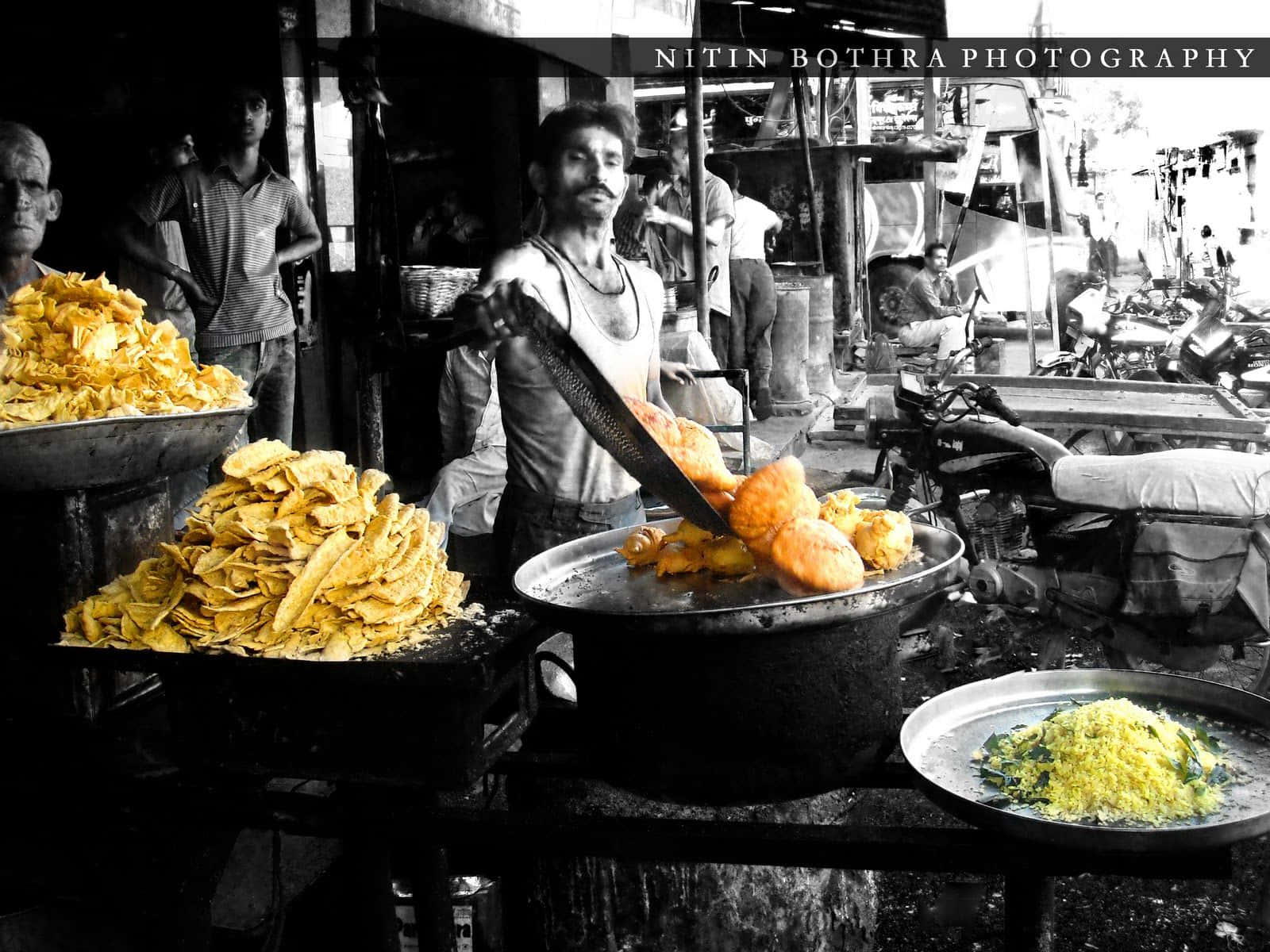 Indian Food In Street Grayscale Photograph Wallpaper