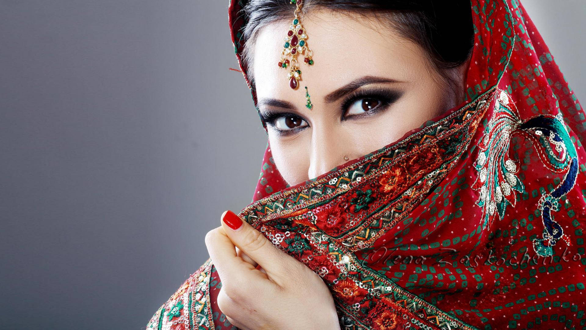 Indian Girl Fierce Eyes Red Cloth Wallpaper