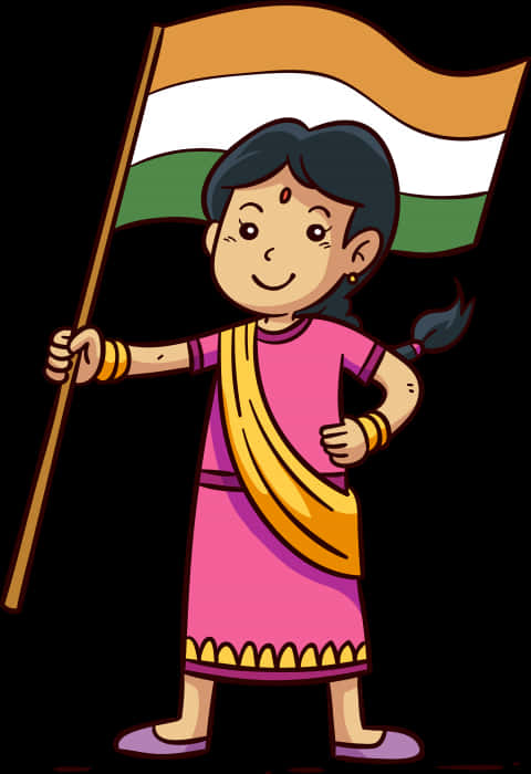 Indian Girl Holding Flag Cartoon PNG