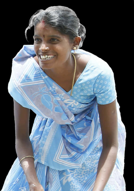 Indian Girlin Blue Sari Smiling PNG