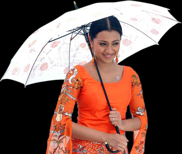 Indian Girlin Orange Dresswith Umbrella PNG