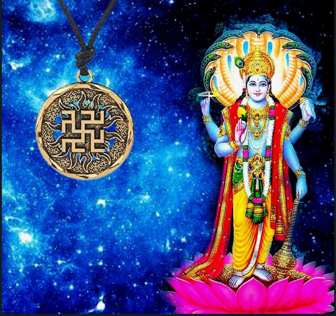 Lord Krishna On A Lotus With A Starry Background