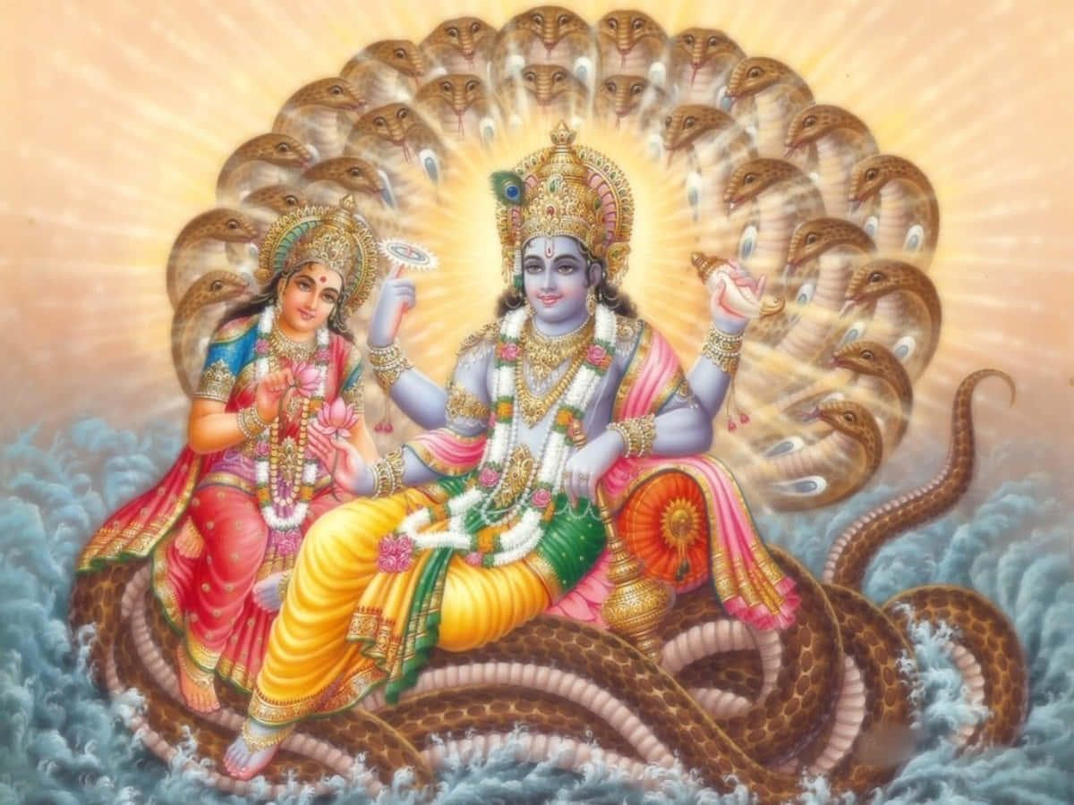 Lord Krishna And His Wife Sitting On A Snake