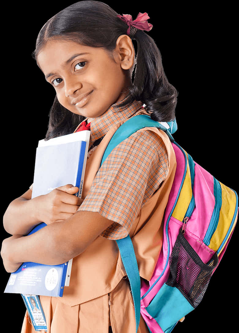 Indian Schoolgirl With Backpackand Books PNG