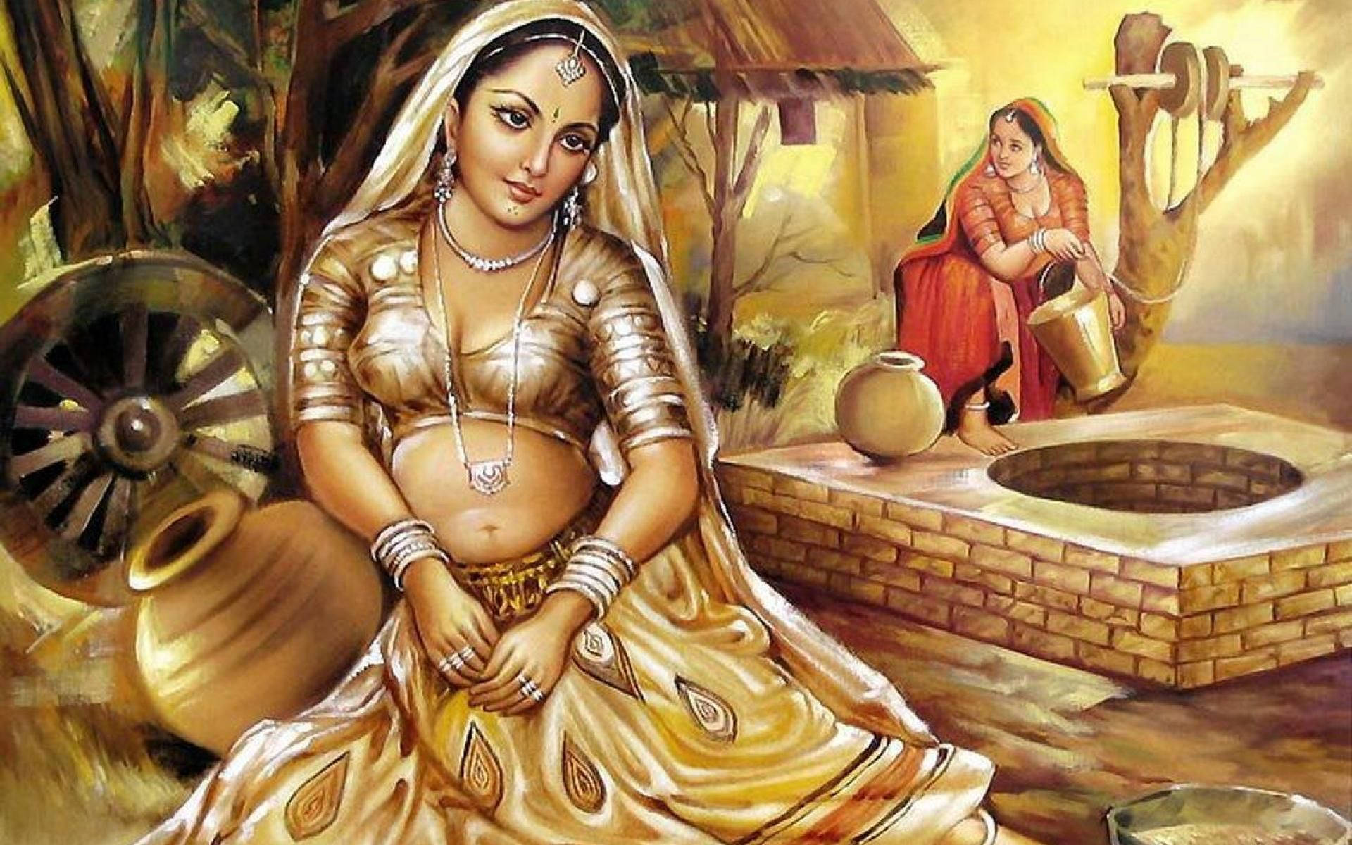 Indiske Kvinder Oliemaleri Wallpaper