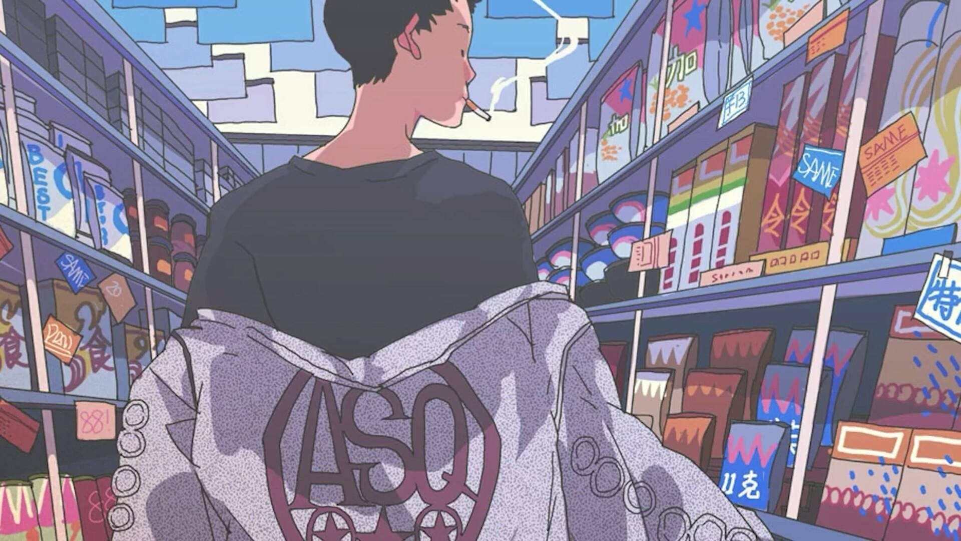 Indie Aesthetic Laptop Anime Boy At Grocery Wallpaper