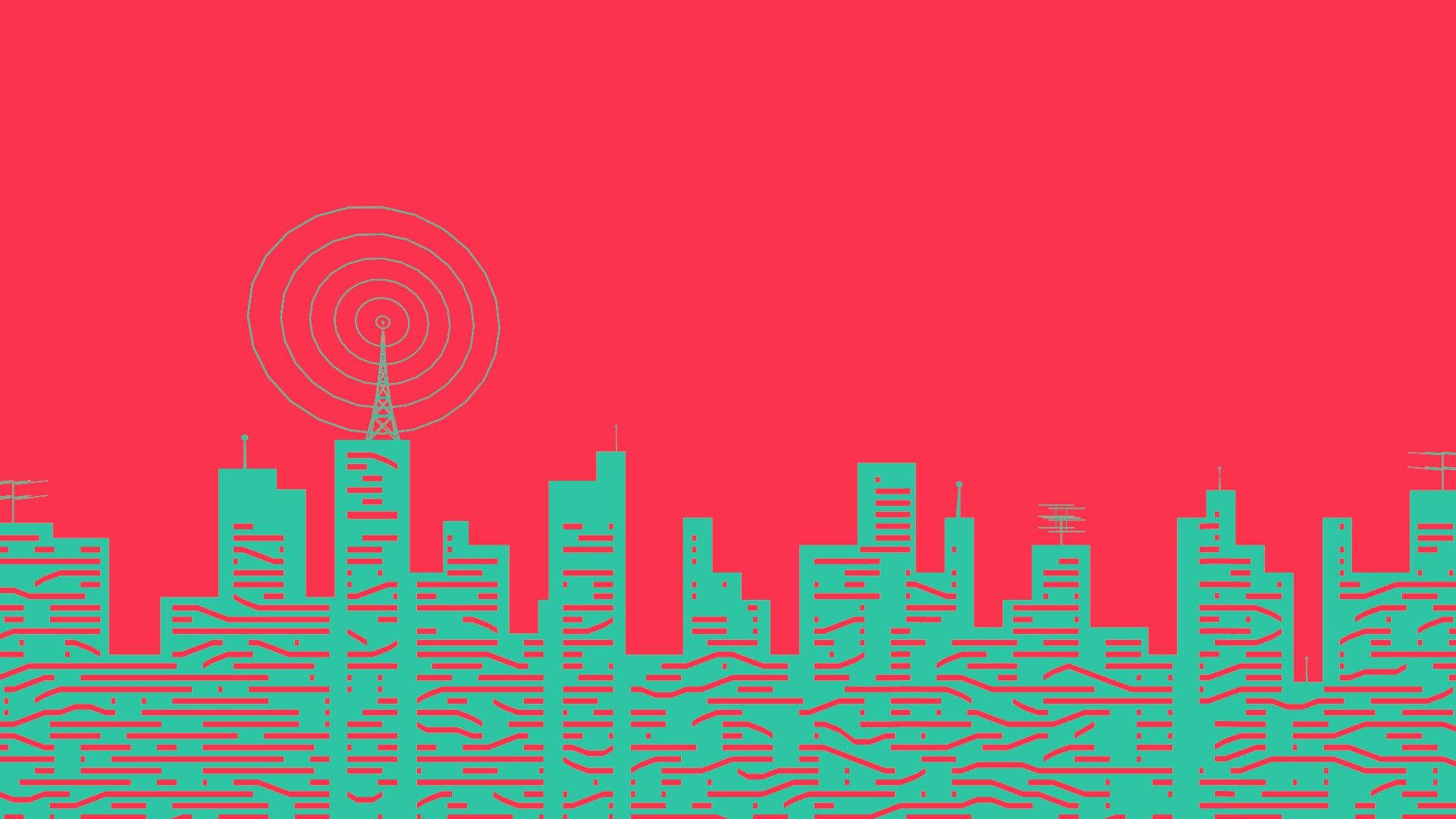 Indie Aesthetic Laptop Green City Skyline Background