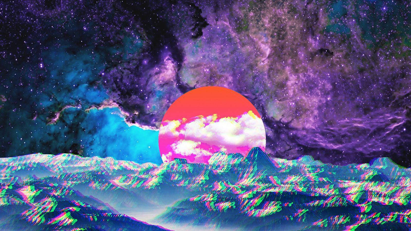 Indie Aesthetic Laptop Red Moon On Mountain Glitch Background
