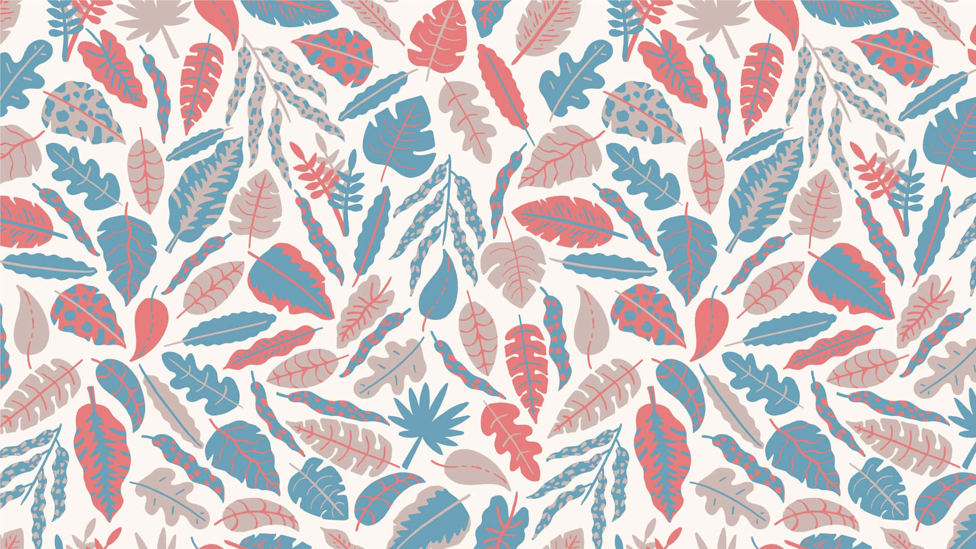 A Pattern Of Leaves In Blue, Pink And Red Wallpaper
